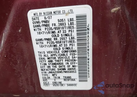 2007 Nissan Murano S z USA, uszkodzony, nr VIN JN8AZ08W57W659853